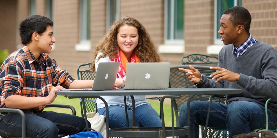 Students working on laptops outside